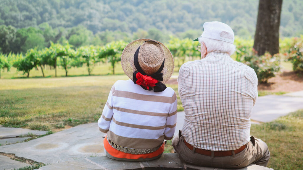 An elderly couple are shown from behind as they look out over a green landscape along the base of a tree-covered hill.