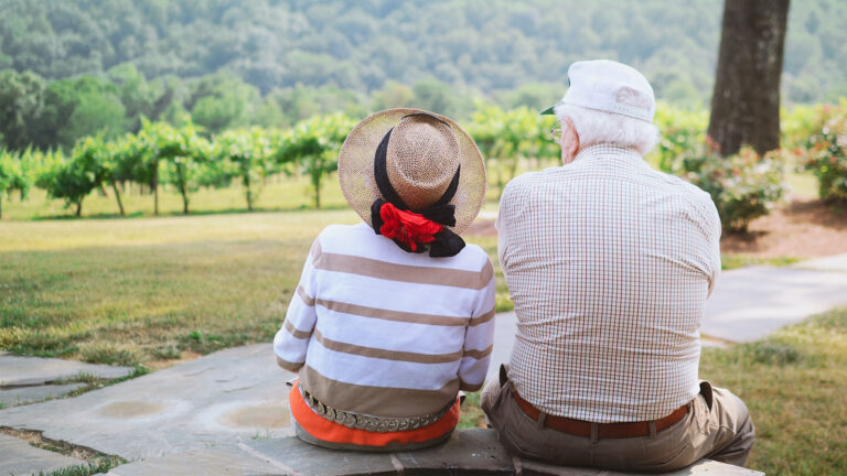 An elderly couple are shown from behind as they look out over a green landscape along the base of a tree-covered hill.