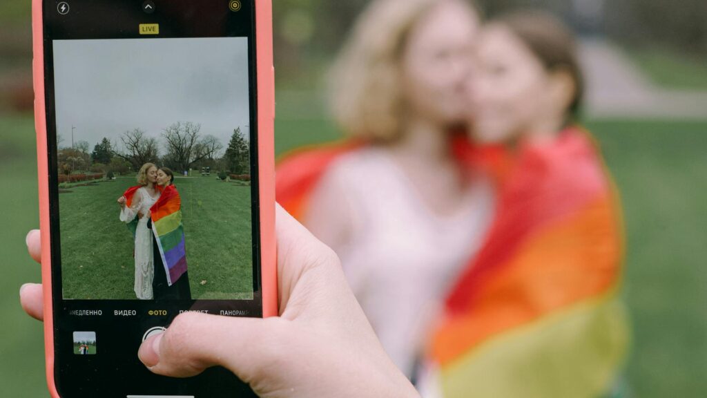 Lesbian couple has their photo taken.
