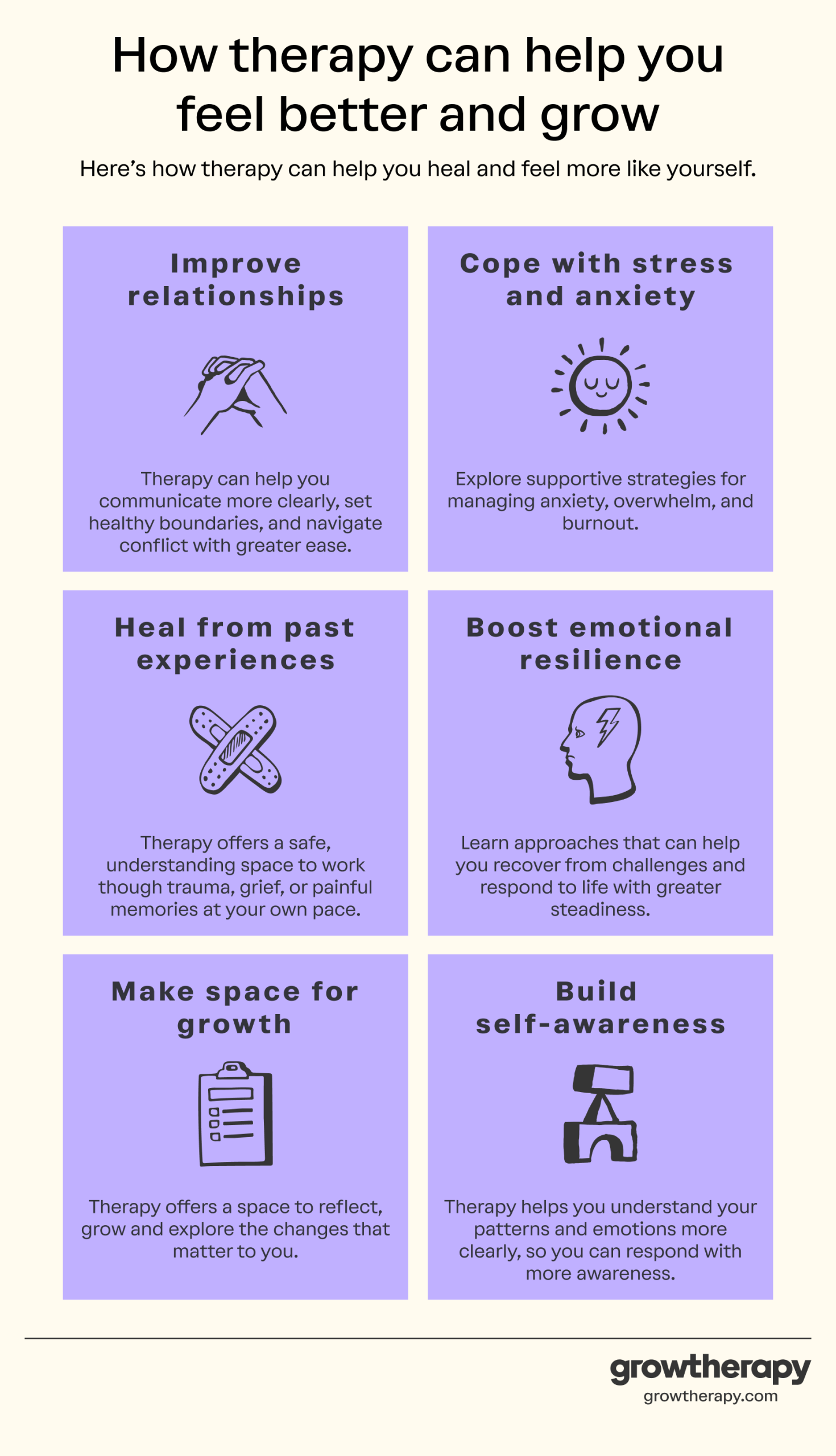 This image shows six ways therapy can help you feel better and grow.