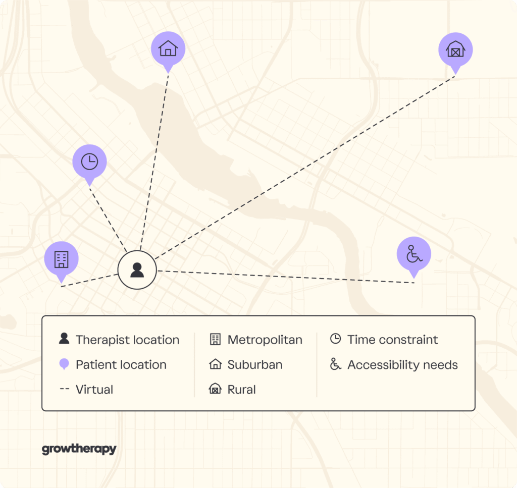 A map showing how online therapy makes care more accessible for patients in different settings and with different needs.