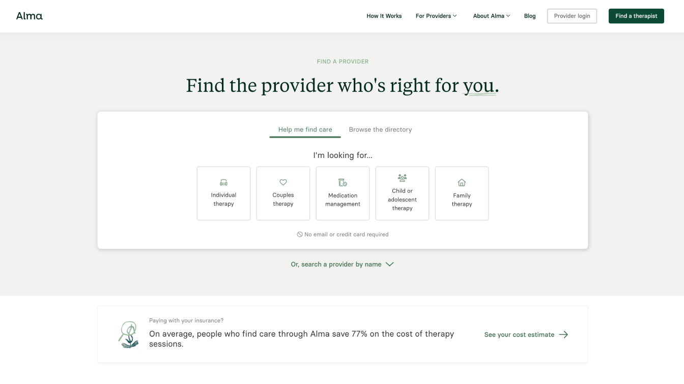 Alma homepage screenshot