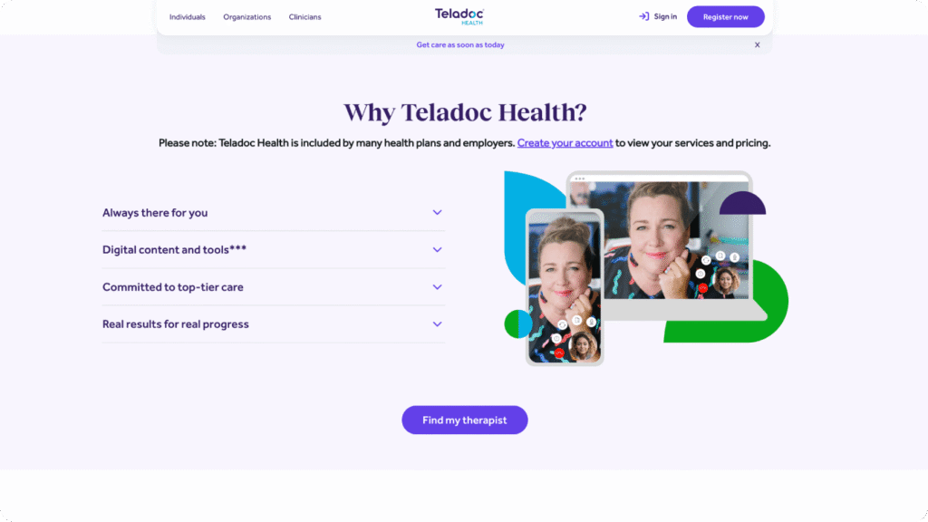 A screenshot of Teladoc Health’s website.