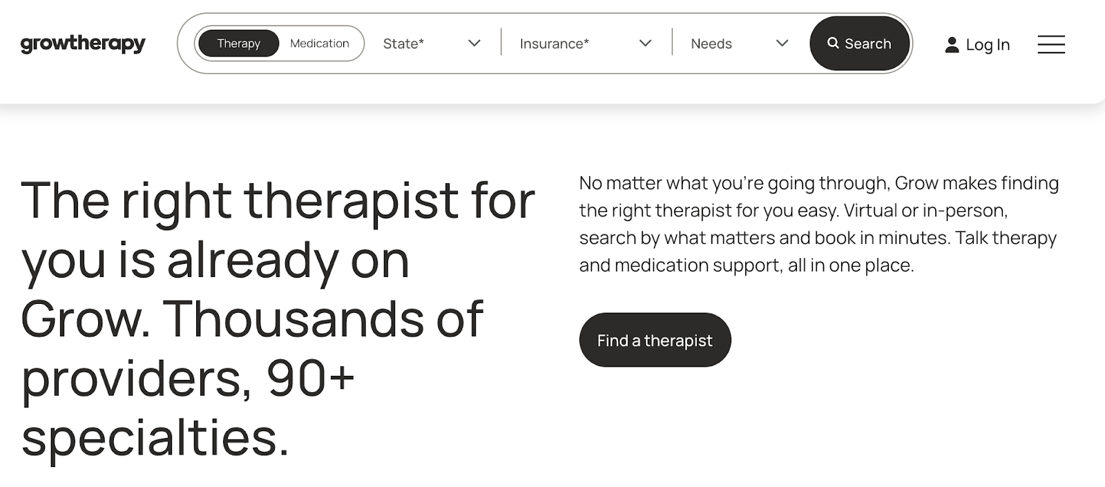 Grow screenshot to find a therapist