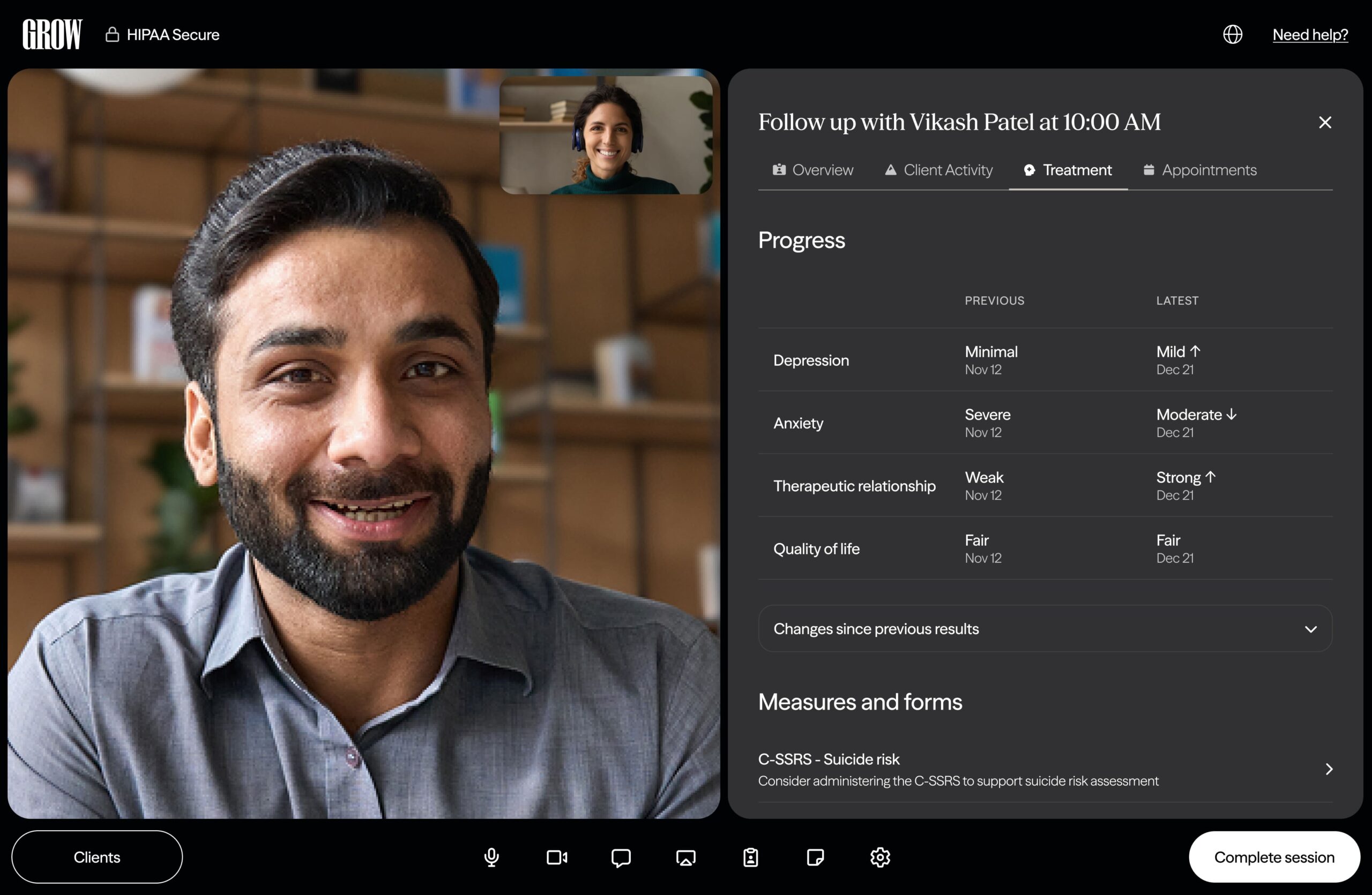 Man and woman in virtual therapy session on video call interface. Progress report details improvements in depression, anxiety, and therapeutic relationship.